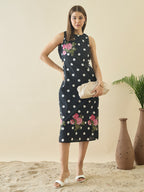 Cotton Black Polka Dot Printed Cut Out Dress