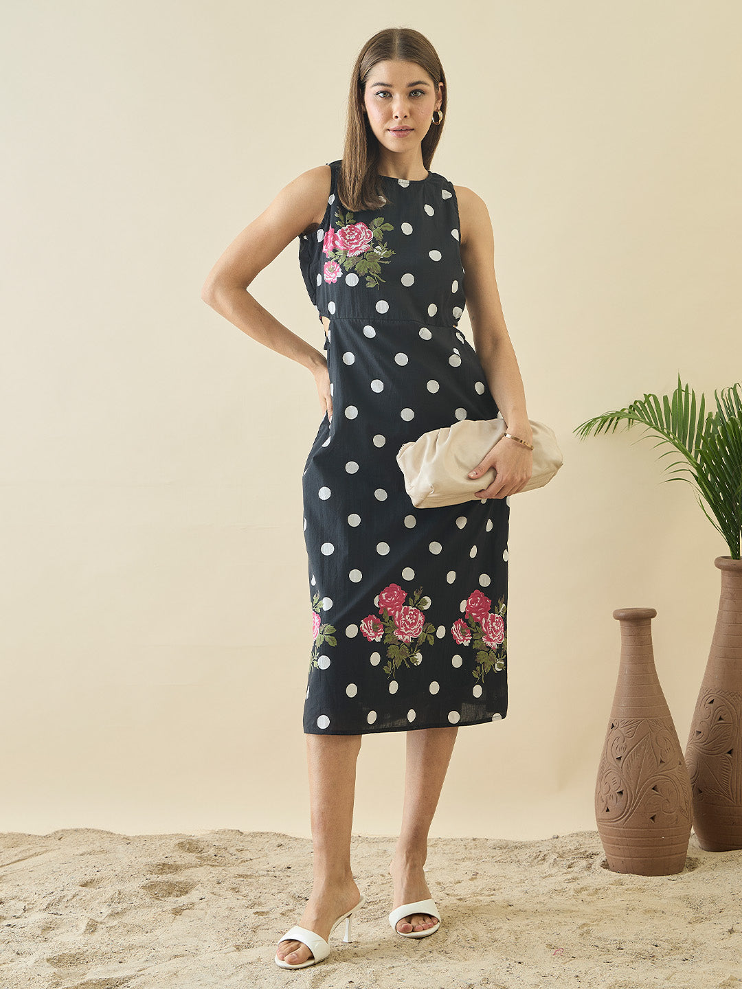 Cotton Black Polka Dot Printed Cut Out Dress