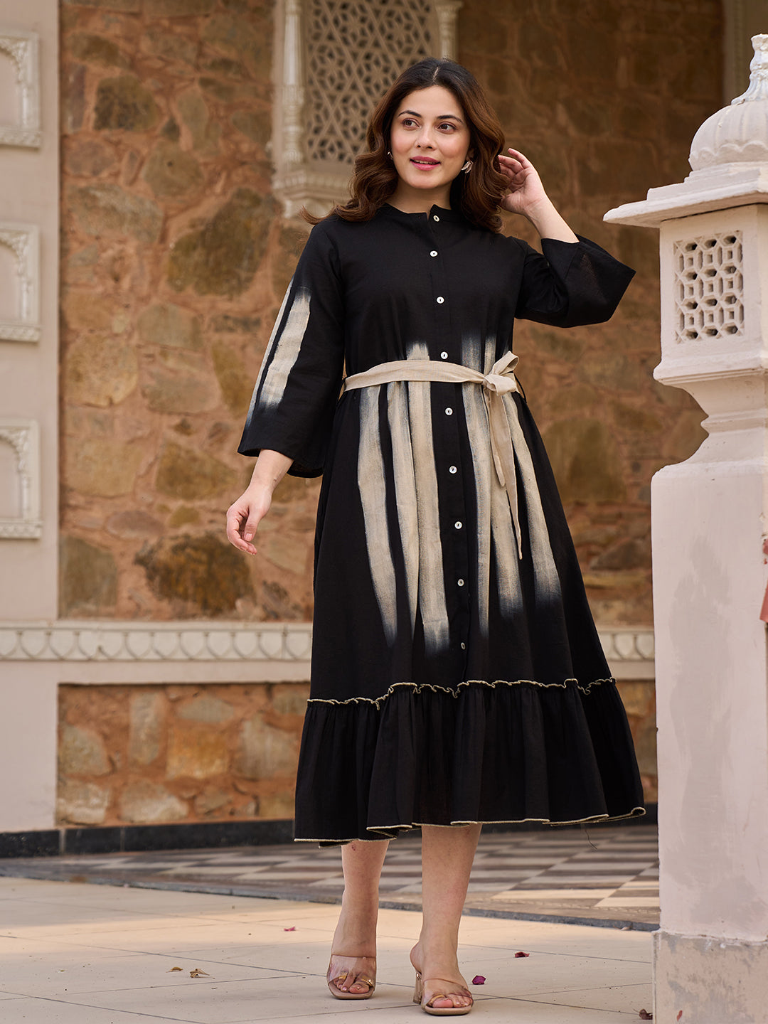 Zummer Hand Painted Midi Dress – Black Fit & Flare
