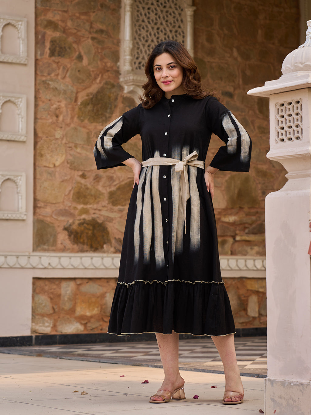 Zummer Hand Painted Midi Dress – Black Fit & Flare