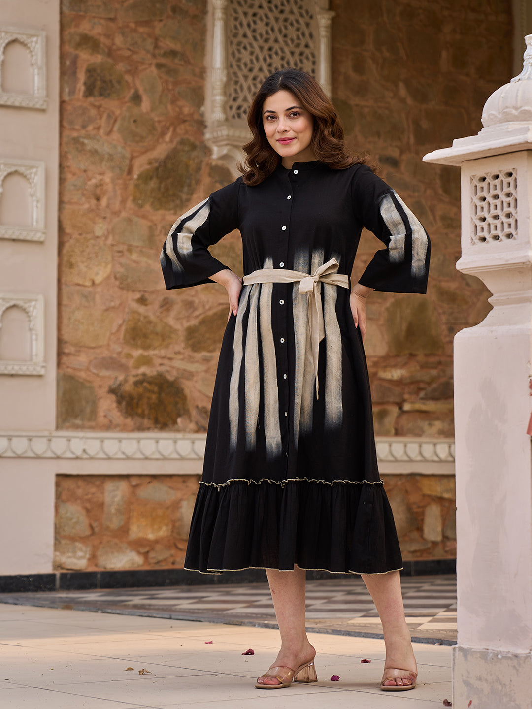 Zummer Hand Painted Midi Dress – Black Fit & Flare