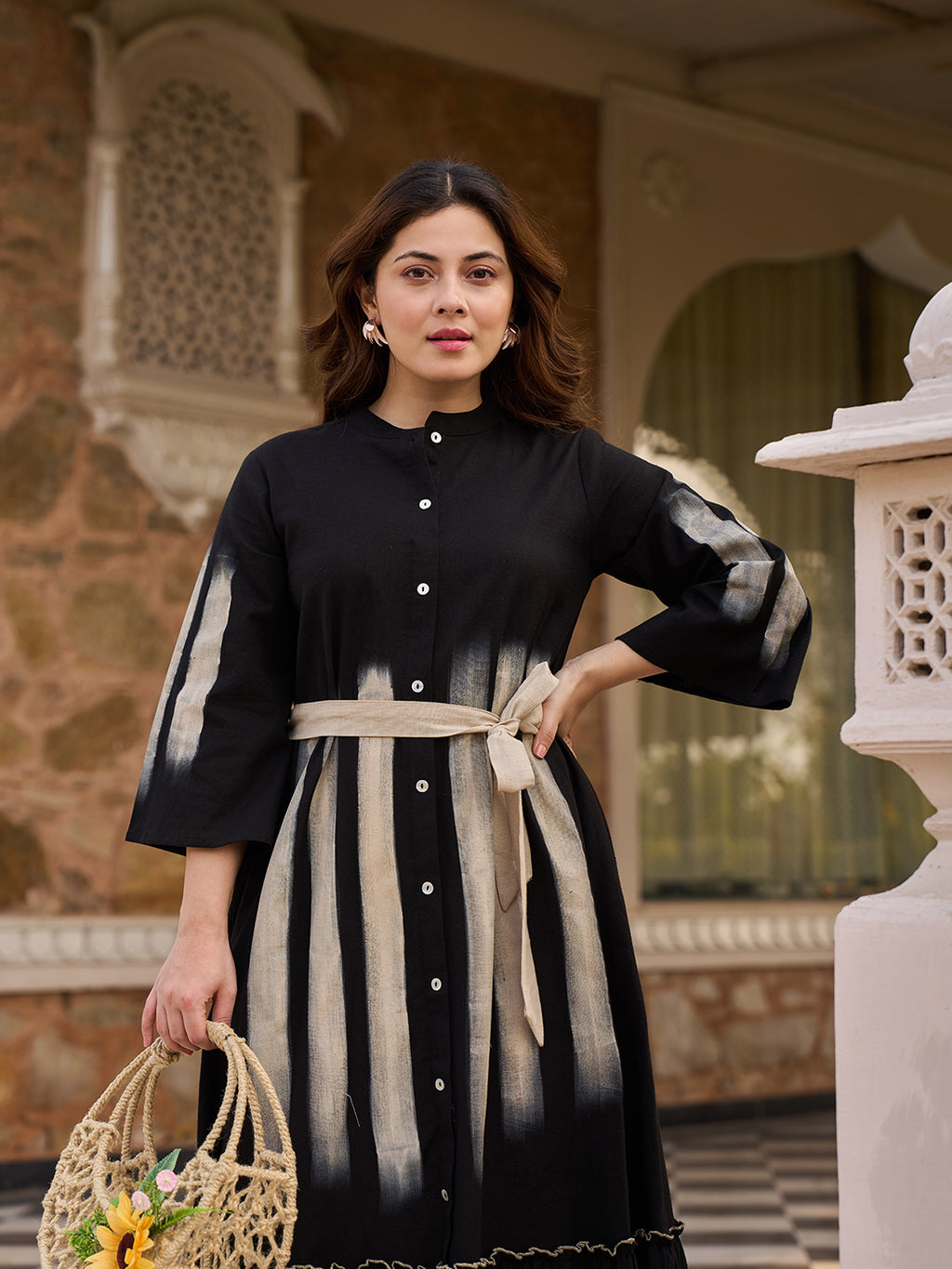 Zummer Hand Painted Midi Dress – Black Fit & Flare