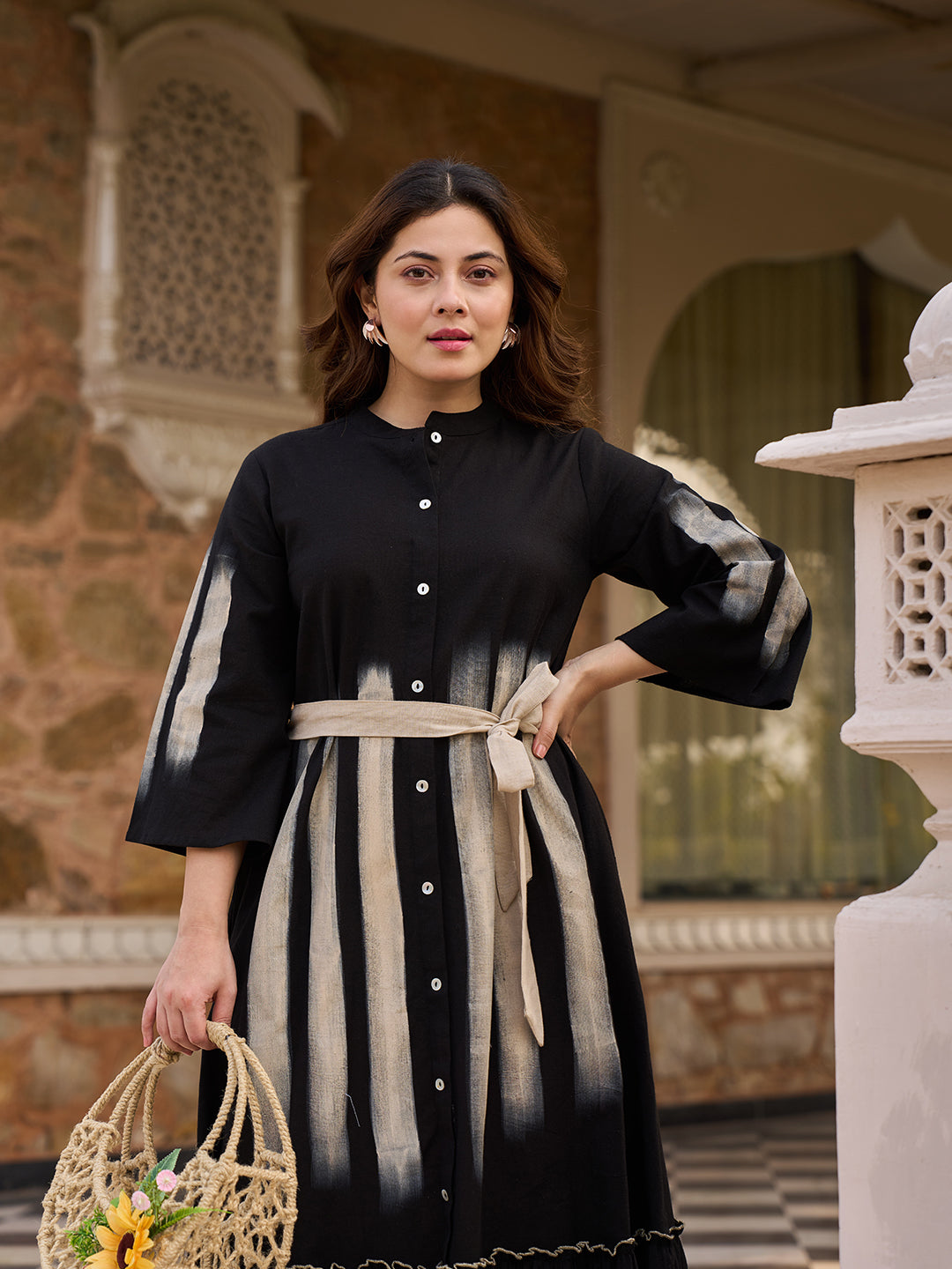 Zummer Hand Painted Midi Dress – Black Fit & Flare