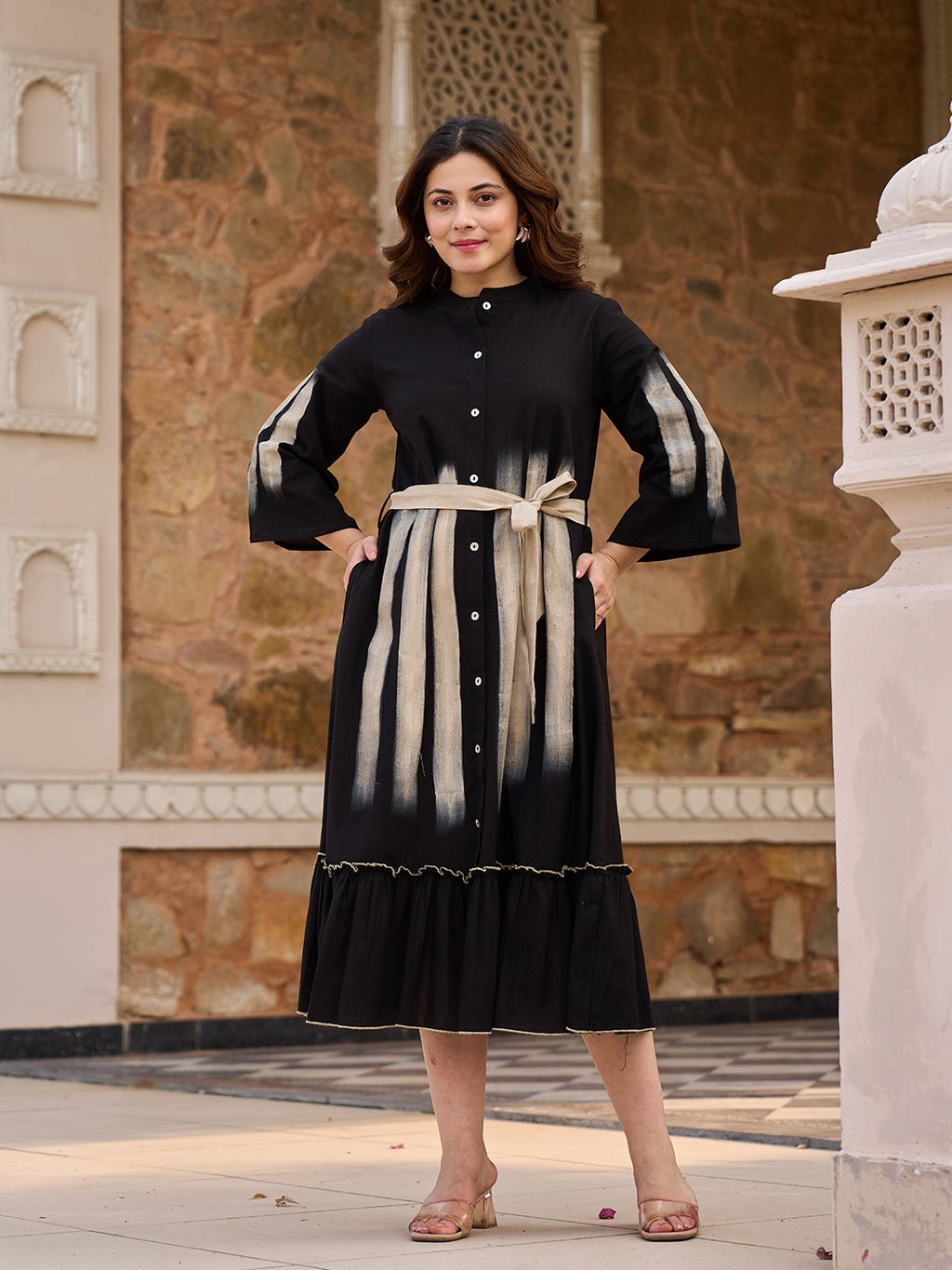 Zummer Hand Painted Midi Dress – Black Fit & Flare