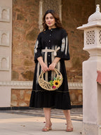 Zummer Hand Painted Midi Dress – Black Fit & Flare