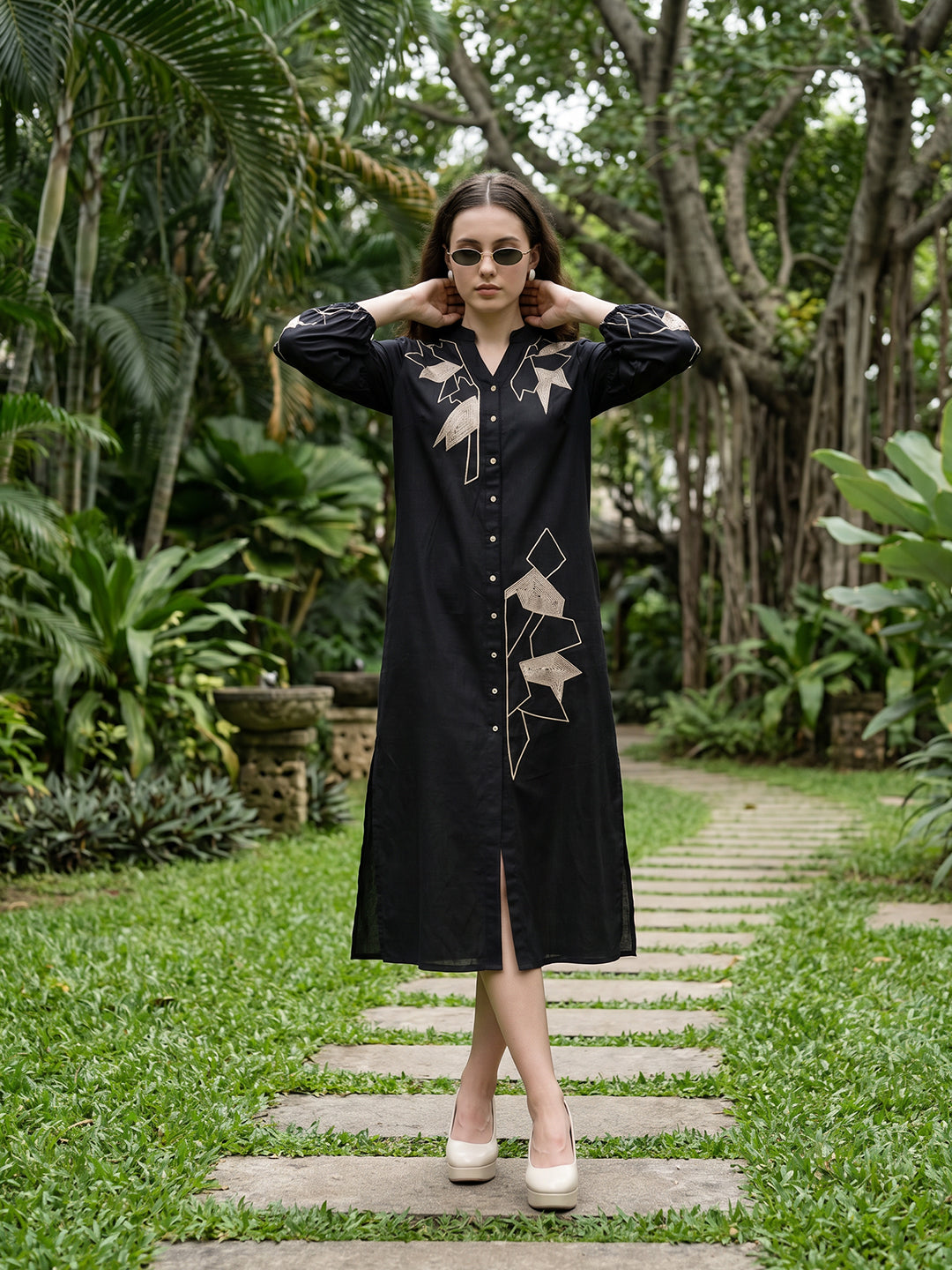 Zummer Embroidered Midi Shirt Dress – Black Geometric
