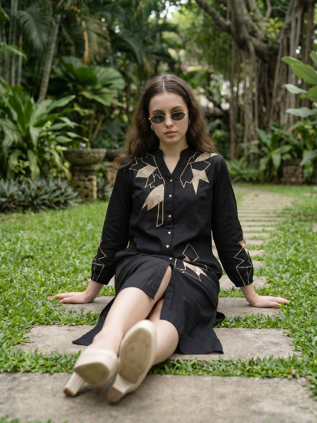 Zummer Embroidered Midi Shirt Dress – Black Geometric