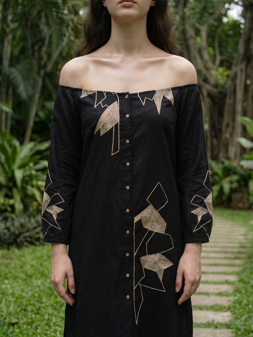 Zummer Embroidered Midi Shirt Dress – Black Geometric