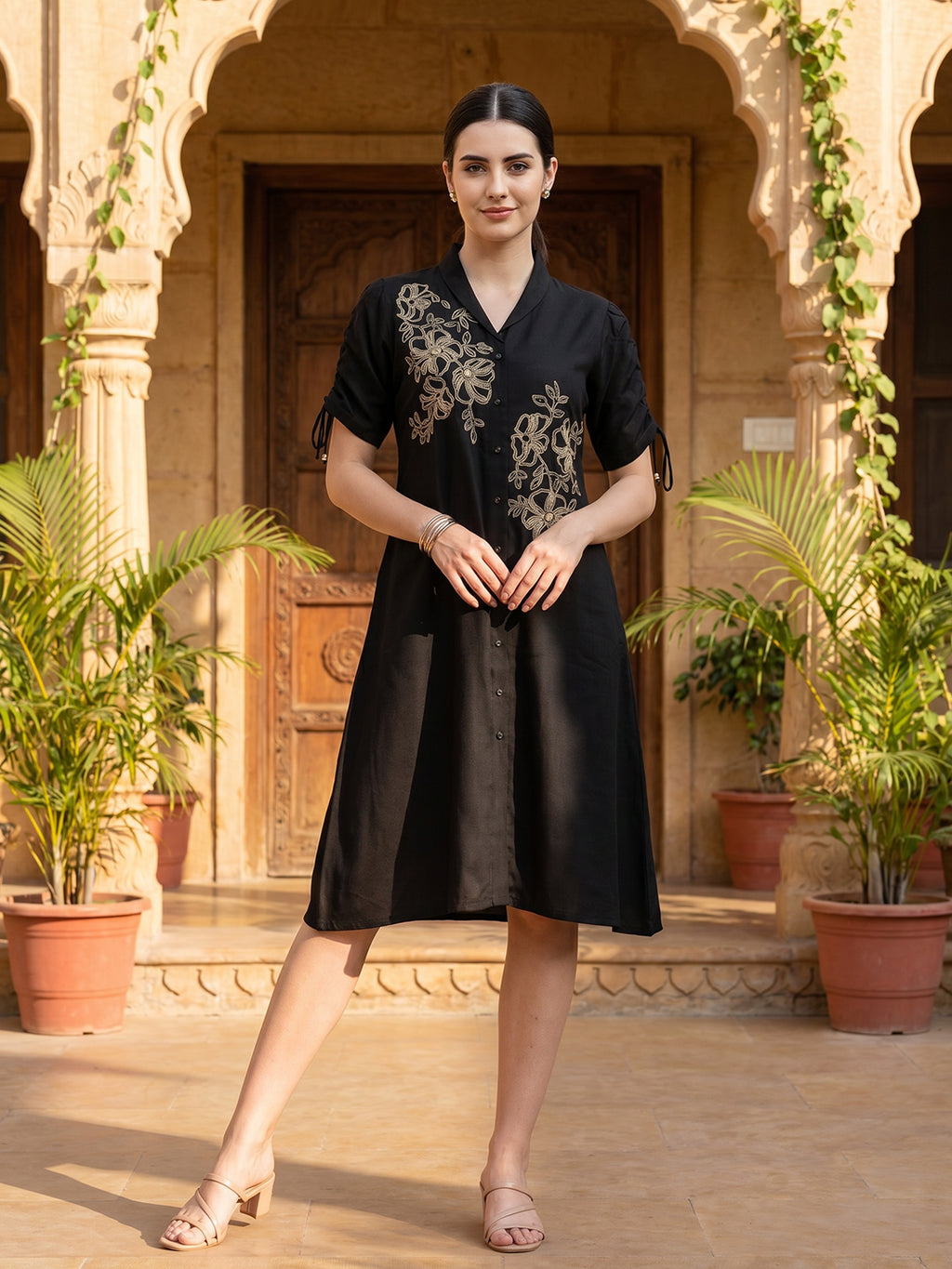 Zummer Women Black Floral Embroidered Cotton Midi Dress