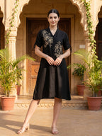 Zummer Women Black Floral Embroidered Cotton Midi Dress