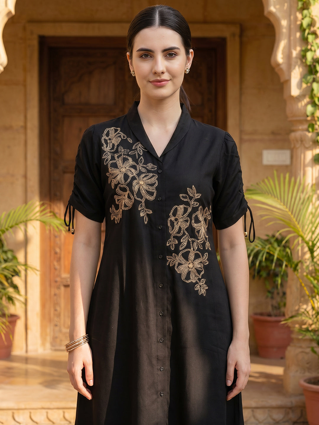 Zummer Women Black Floral Embroidered Cotton Midi Dress