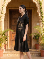 Zummer Women Black Floral Embroidered Cotton Midi Dress