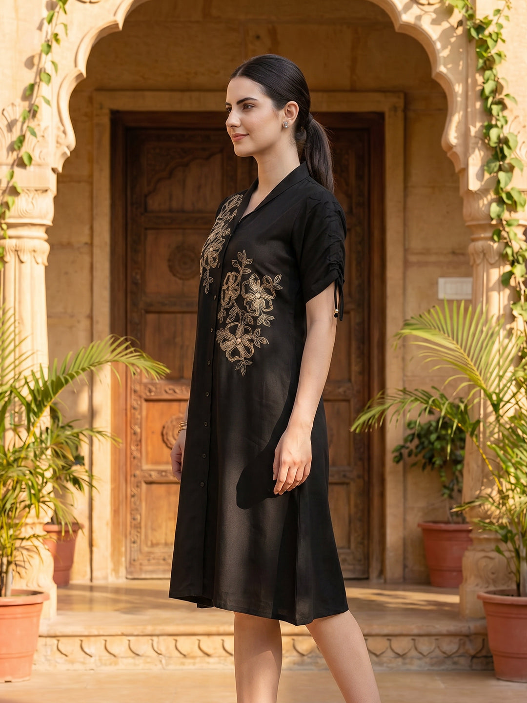 Zummer Women Black Floral Embroidered Cotton Midi Dress