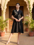 Zummer Women Black Floral Embroidered Cotton Midi Dress