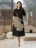 Zummer Black Floral Embroidered Cotton Midi Dress