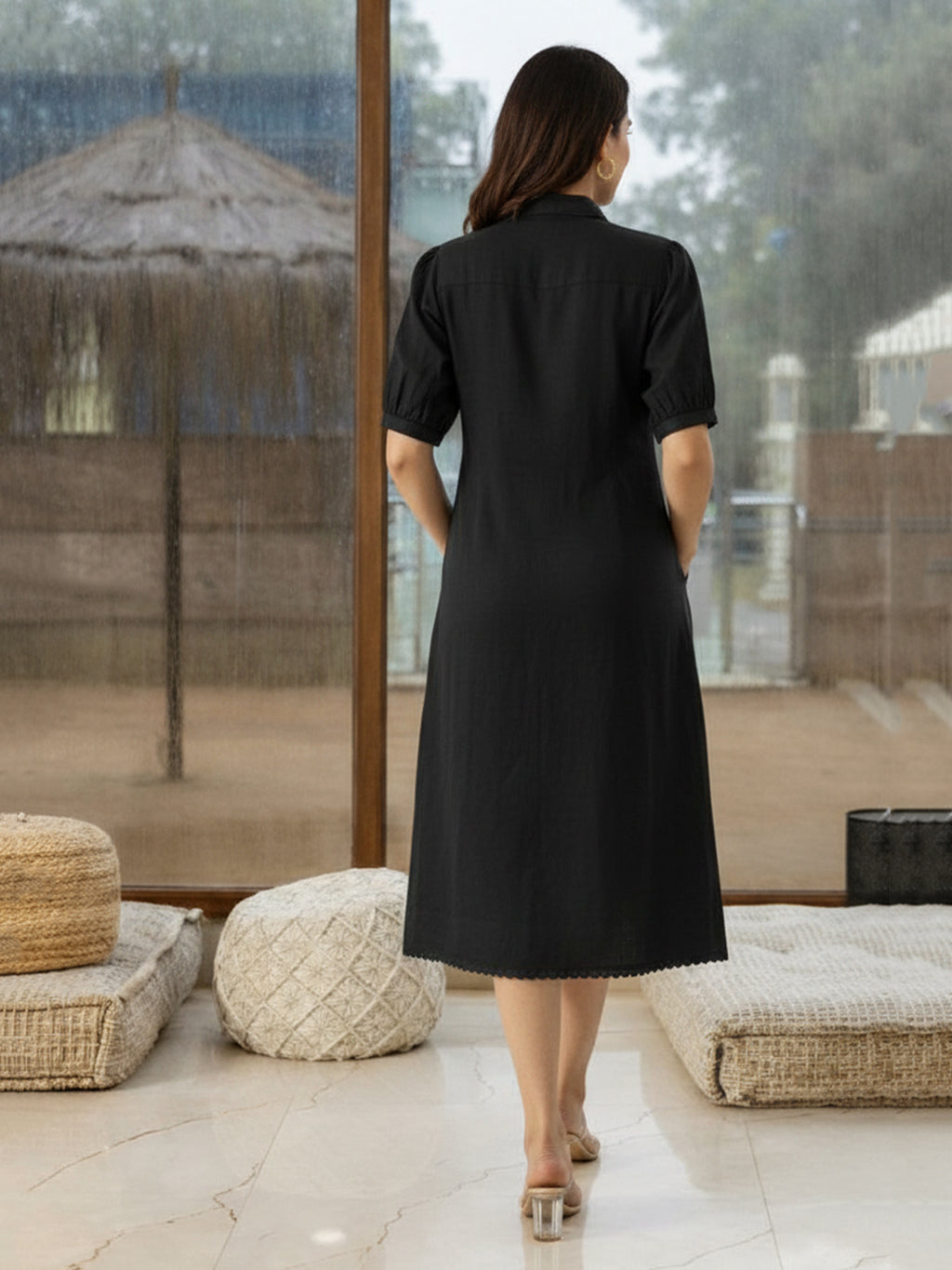 Zummer Black Floral Embroidered Cotton Midi Dress