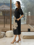 Zummer Black Floral Embroidered Cotton Midi Dress