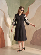Zummer Women Black Embroidered Cotton Midi Shirt Dress