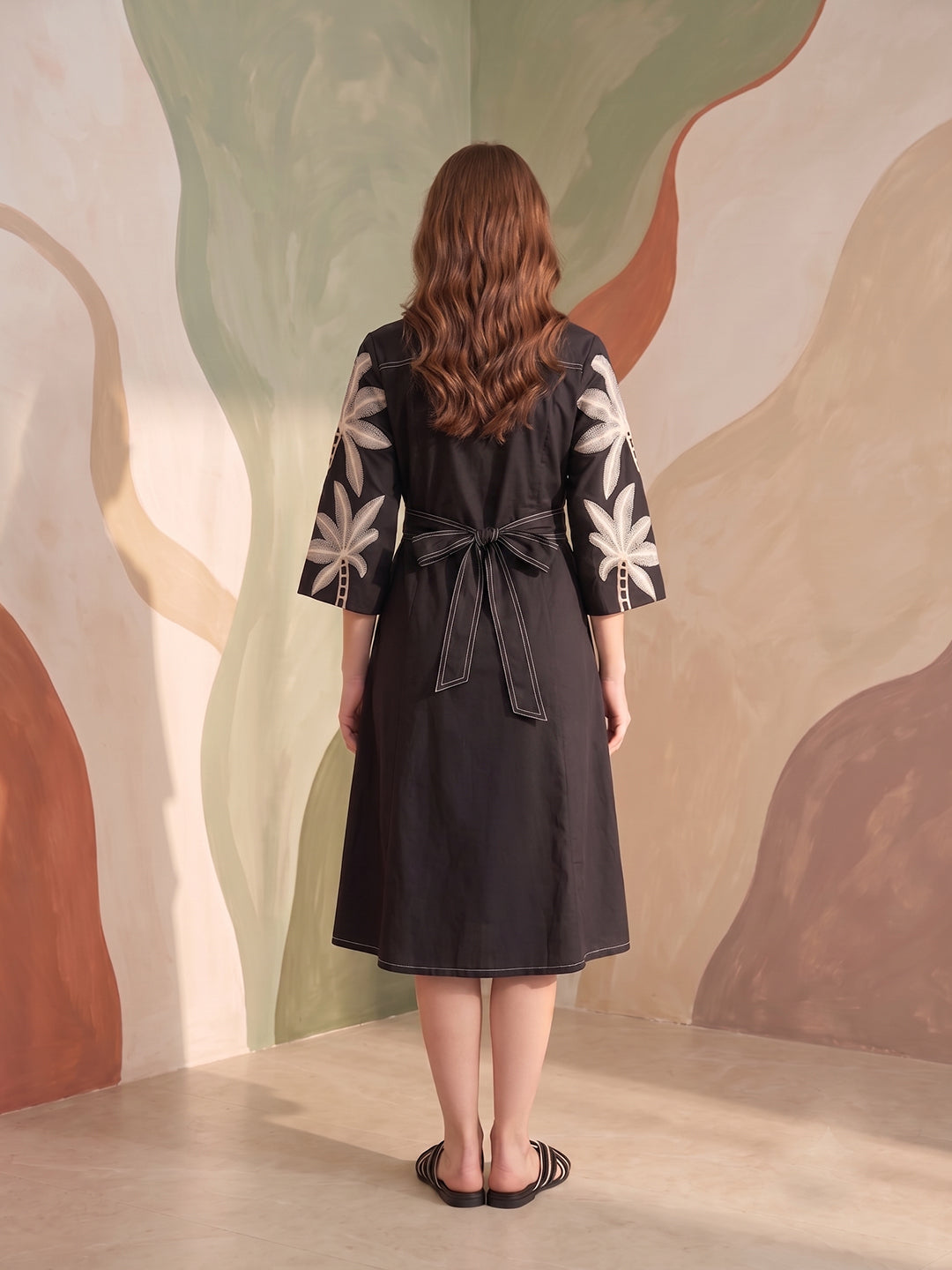 Zummer Women Black Embroidered Cotton Midi Shirt Dress