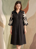 Zummer Women Black Embroidered Cotton Midi Shirt Dress