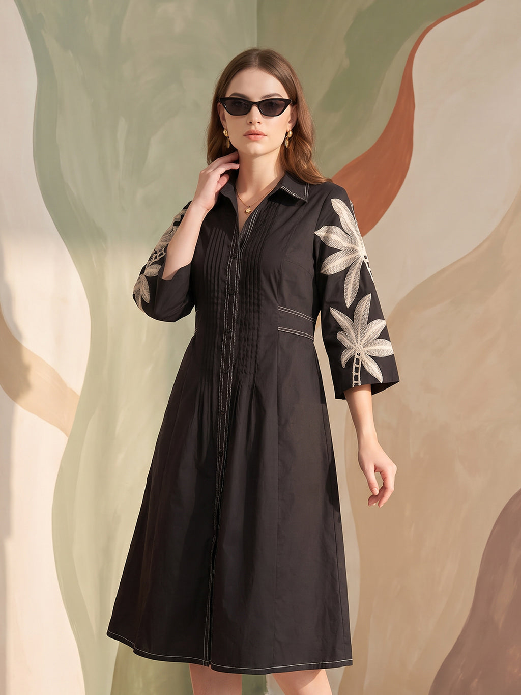 Zummer Women Black Embroidered Cotton Midi Shirt Dress