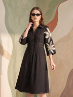 Zummer Women Black Embroidered Cotton Midi Shirt Dress