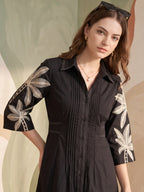 Zummer Women Black Embroidered Cotton Midi Shirt Dress