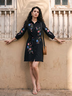 Zummer Women's Black Embroidered Shirt Dress with Floral Detailing