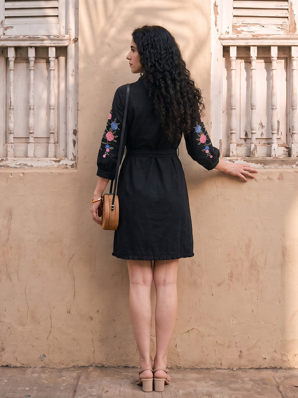 Zummer Women's Black Embroidered Shirt Dress with Floral Detailing