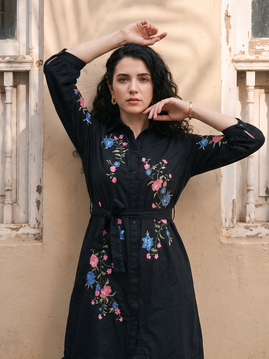 Zummer Women's Black Embroidered Shirt Dress with Floral Detailing