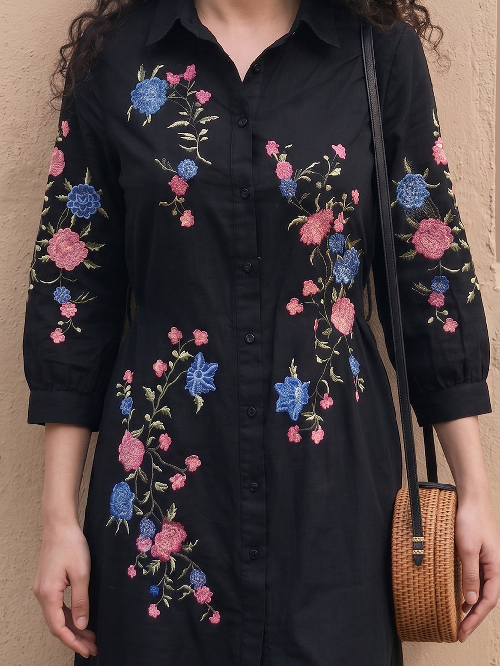 Zummer Women's Black Embroidered Shirt Dress with Floral Detailing