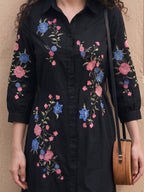 Zummer Women's Black Embroidered Shirt Dress with Floral Detailing