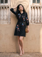 Zummer Women's Black Embroidered Shirt Dress with Floral Detailing