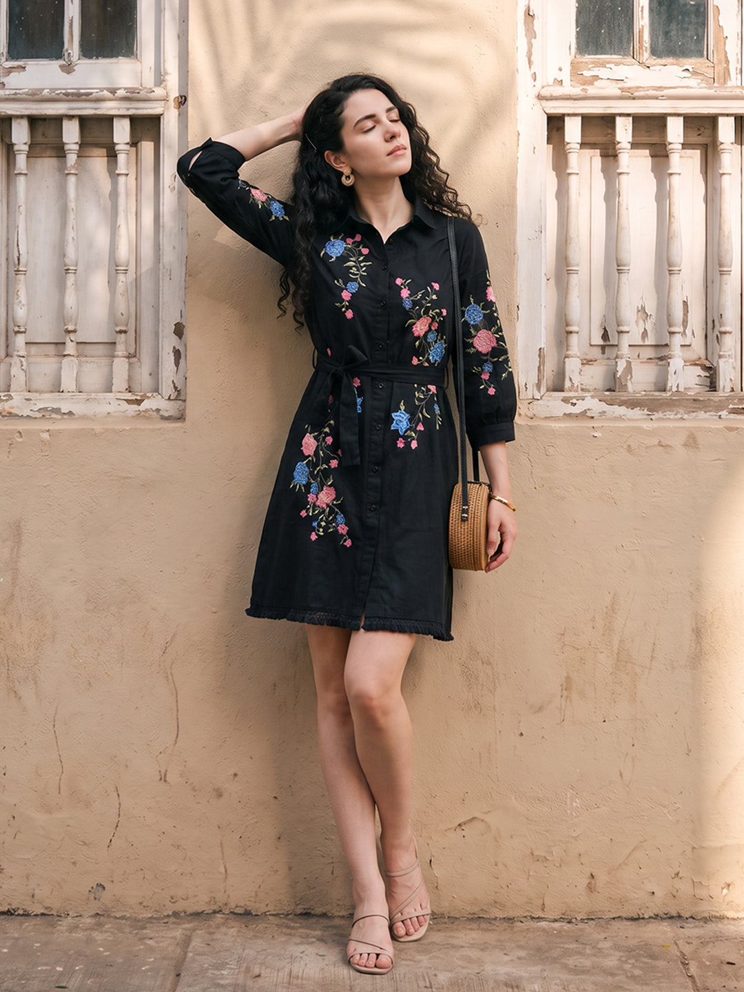 Zummer Women's Black Embroidered Shirt Dress with Floral Detailing