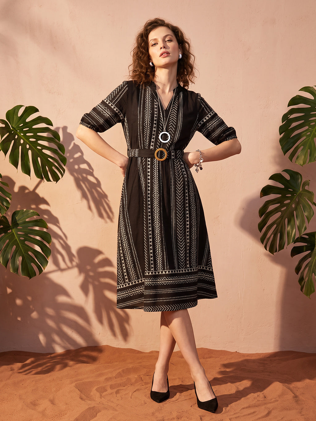 Zummer Women’s Black & White Printed Fit & Flare Midi Dress with Mandarin Collar