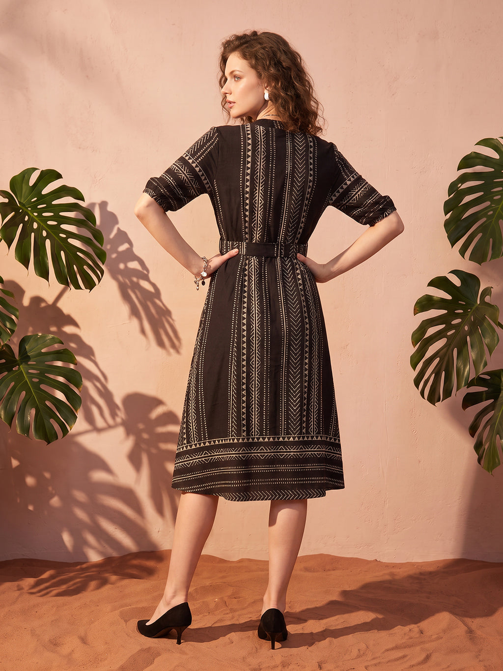 Zummer Women’s Black & White Printed Fit & Flare Midi Dress with Mandarin Collar