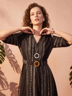 Zummer Women’s Black & White Printed Fit & Flare Midi Dress with Mandarin Collar
