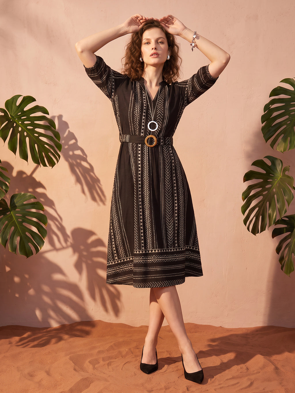 Zummer Women’s Black & White Printed Fit & Flare Midi Dress with Mandarin Collar