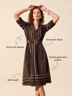 Zummer Women’s Black & White Printed Fit & Flare Midi Dress with Mandarin Collar