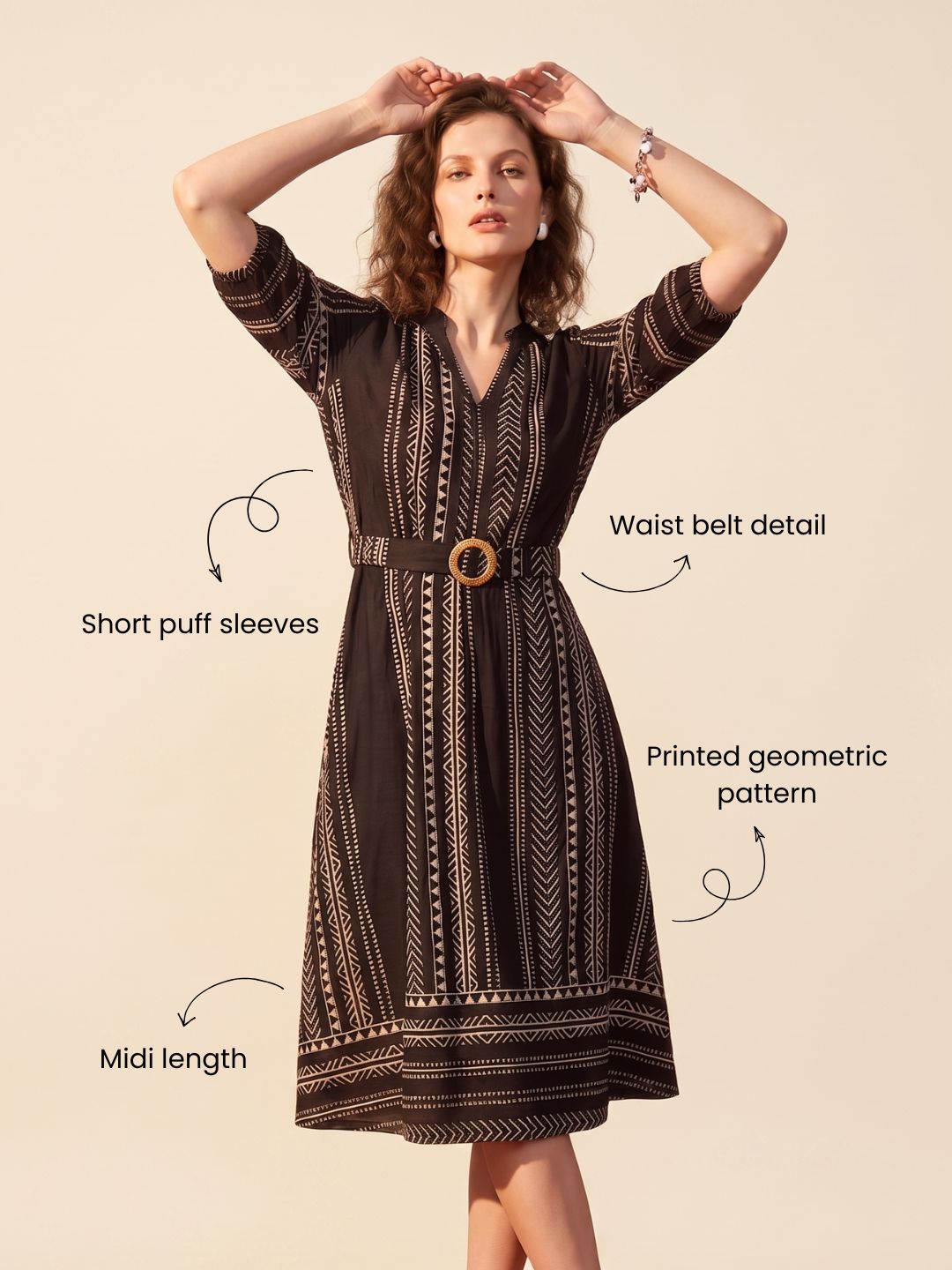 Zummer Women’s Black & White Printed Fit & Flare Midi Dress with Mandarin Collar