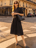 Zummer Women’s Black Solid Fit & Flare Midi Dress with Mandarin Collar