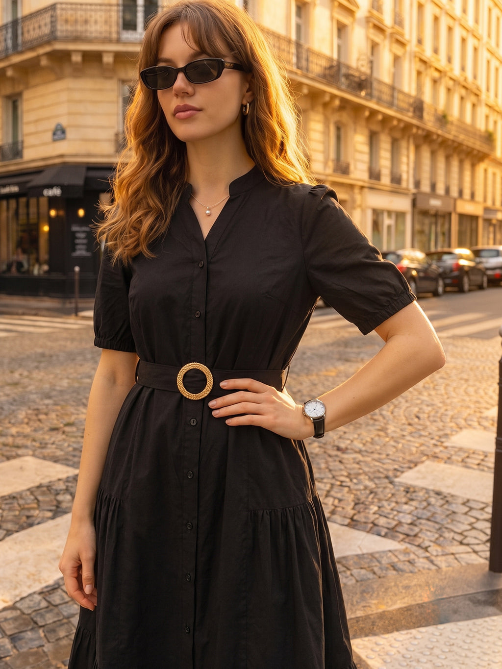 Zummer Women’s Black Solid Fit & Flare Midi Dress with Mandarin Collar