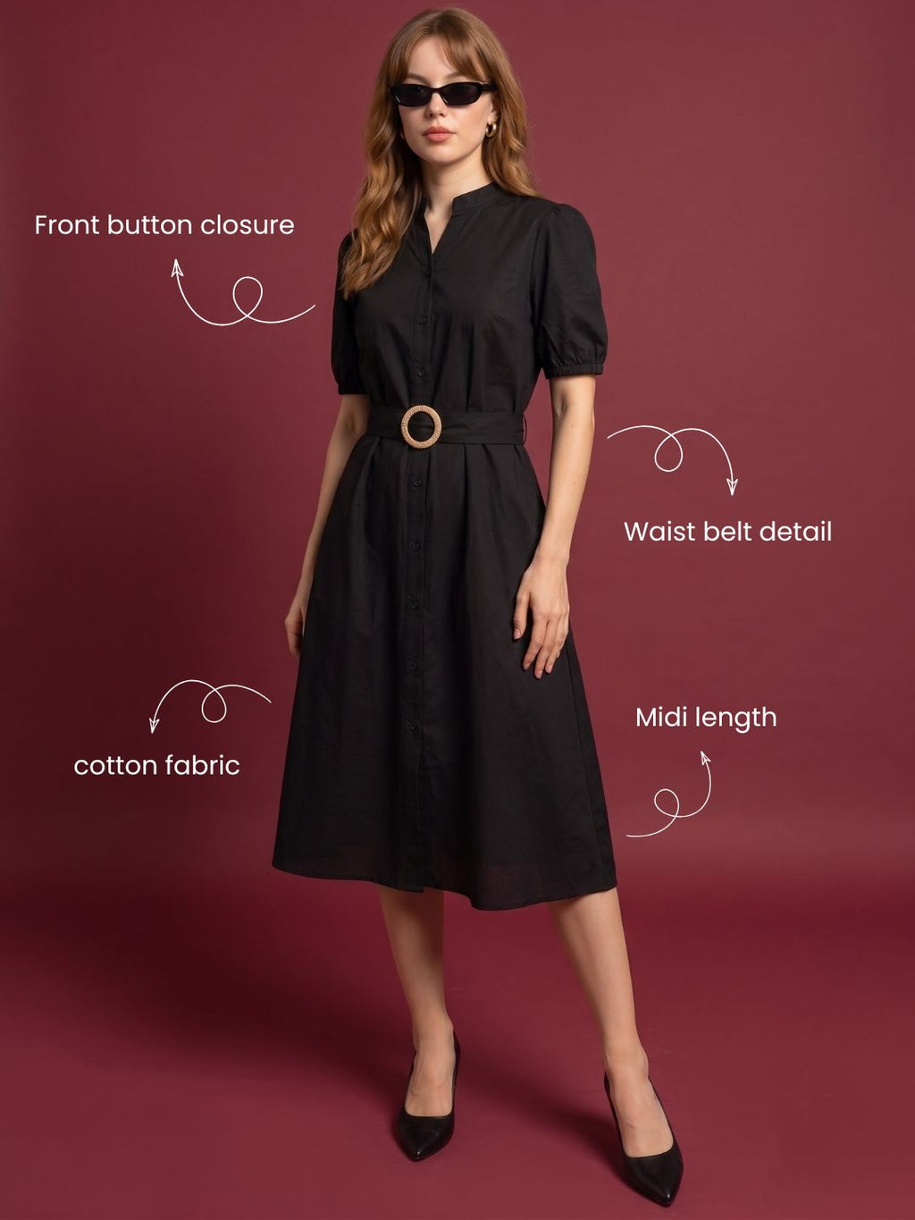 Zummer Women’s Black Solid Fit & Flare Midi Dress with Mandarin Collar