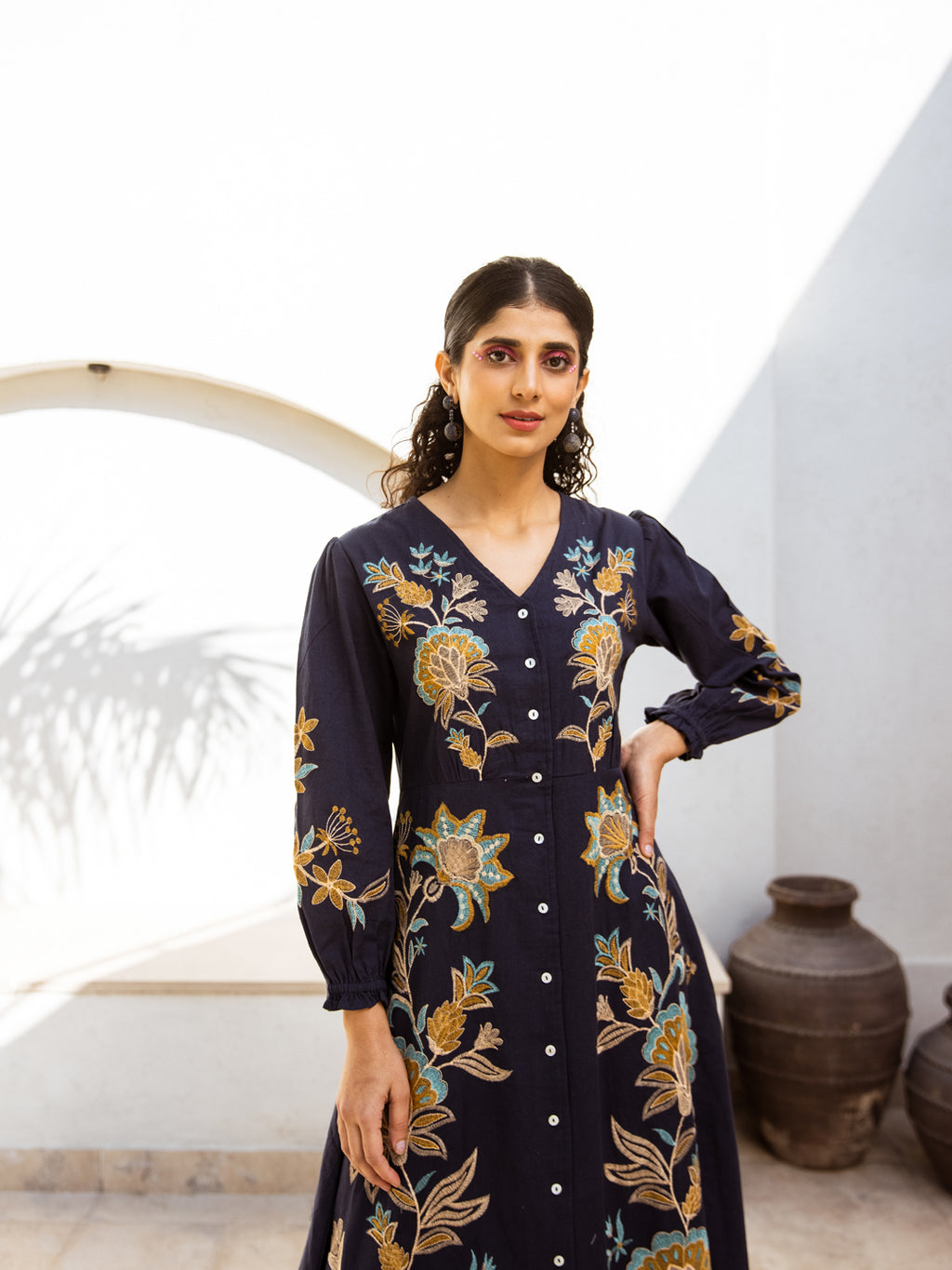 Floral Embroidered Shirt Maxi Dress