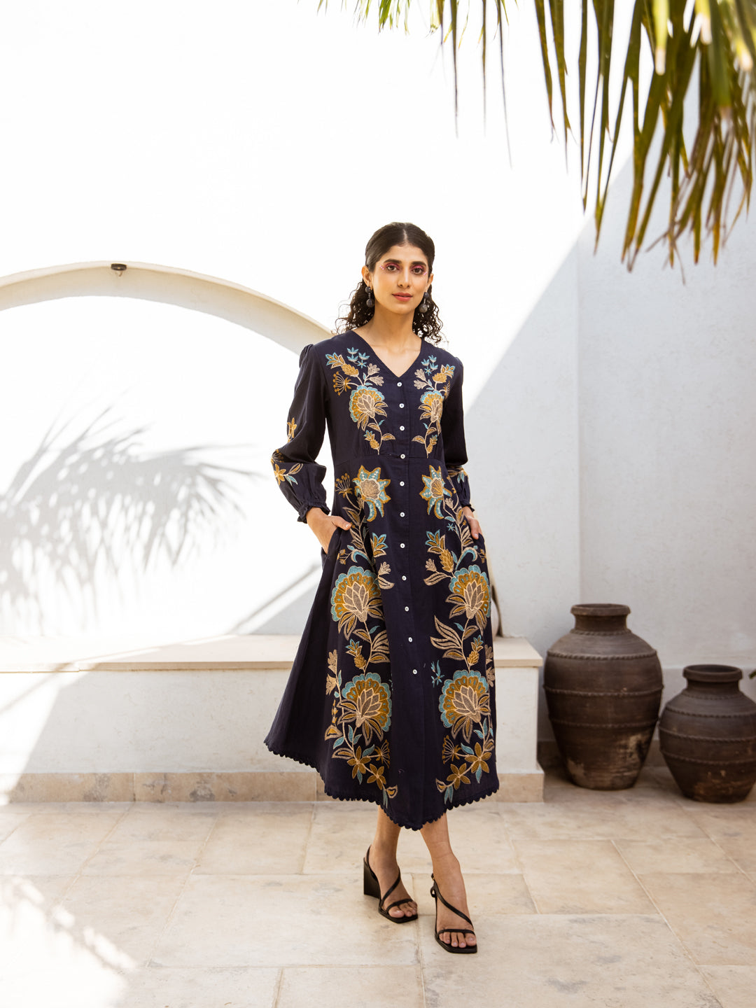 Floral Embroidered Shirt Maxi Dress