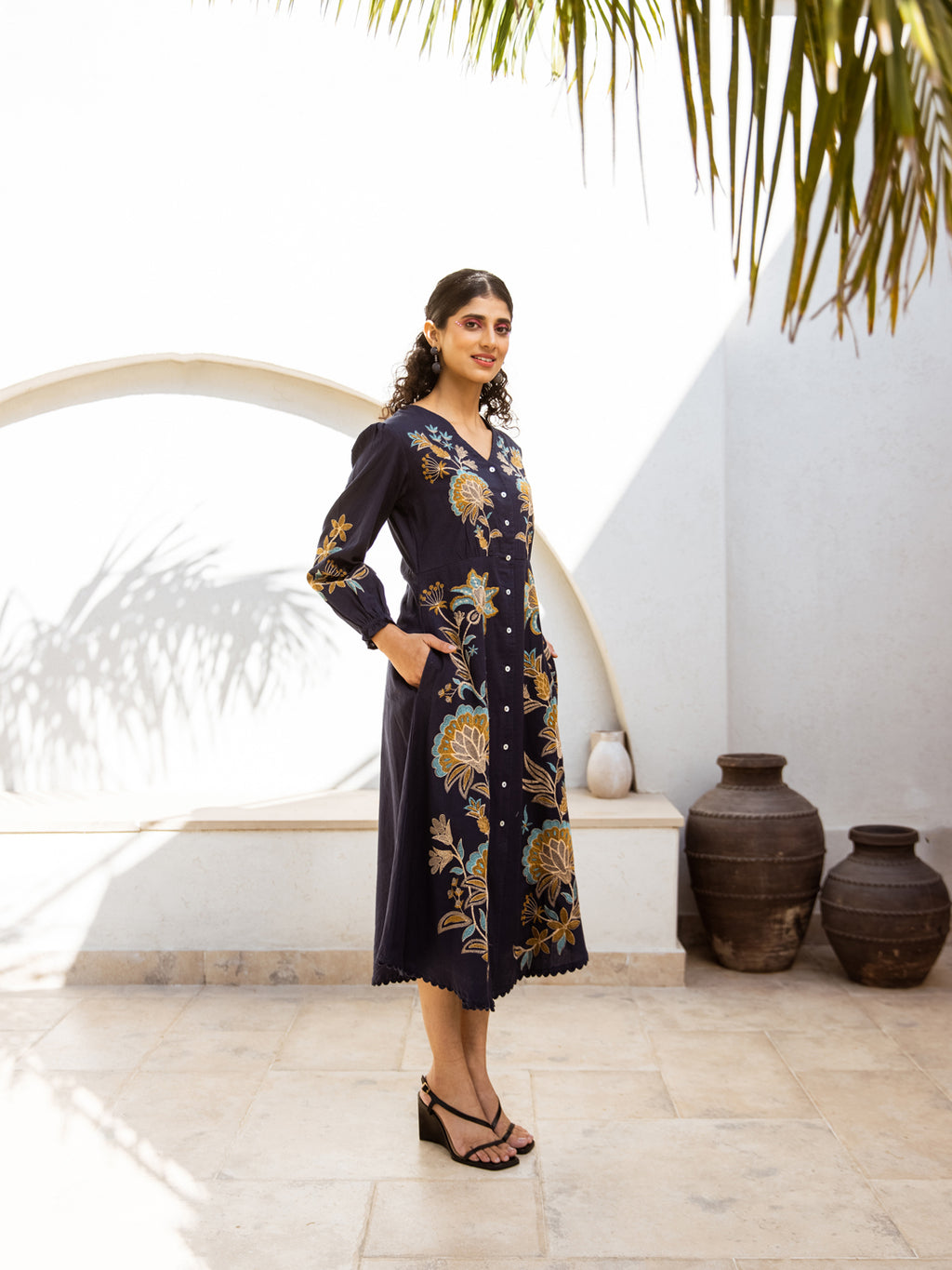 Floral Embroidered Shirt Maxi Dress