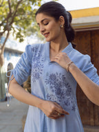 Blue Cotton Floral Embroidered Shirt Dress