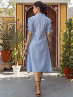 Blue Cotton Floral Embroidered Shirt Dress