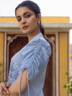 Blue Cotton Floral Embroidered Shirt Dress