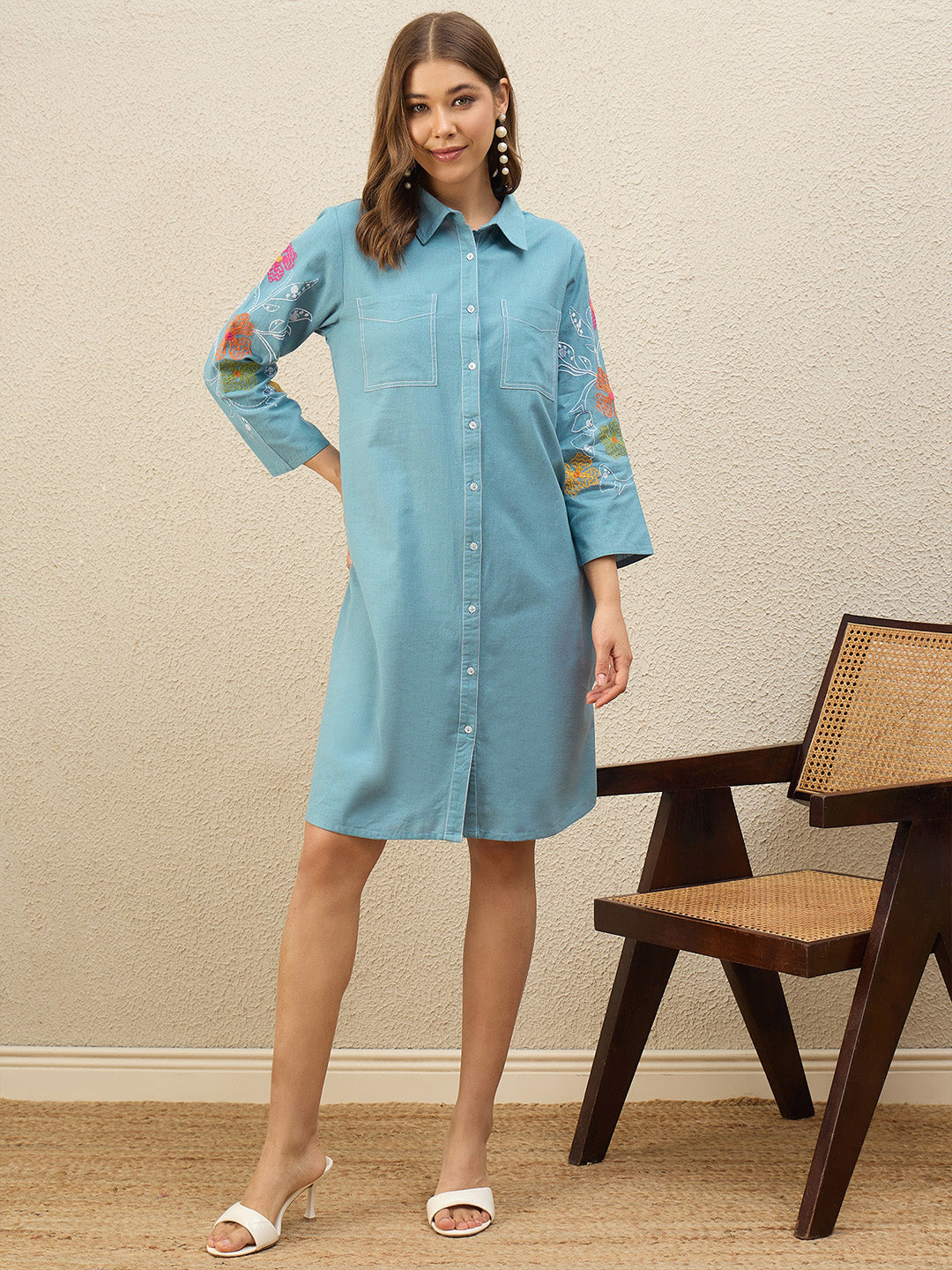 Blue Floral Embroidered Shirt Dress